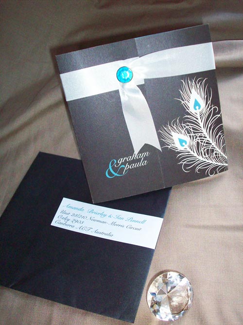 Peacock feathers Wedding Invitation and envelope with address label