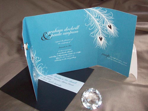 Peacock feathers Wedding Invitation open and envelope with address label